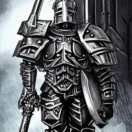 Image similar to a cyberpunk paladin from warhammer 4 0 k in very heavy silver armor wearing a crusaders helmet he is holding a large long sword in a cyberpunk setting, comic book art, cyberpunk, art by stan lee, pen drawing, inked, colorful, bright high tech lights, dark, moody, dramatic, deep shadows, marvel comics, dc comics