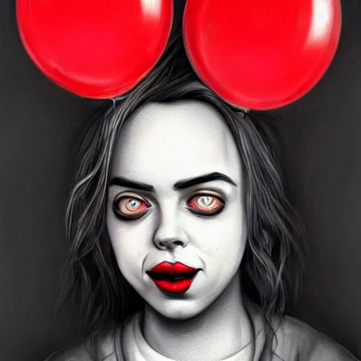 Image similar to surrealism grunge cartoon portrait sketch of billie eilish the raven with a wide smile and a red balloon by - michael karcz, loony toons style, pennywise style, horror theme, detailed, elegant, intricate