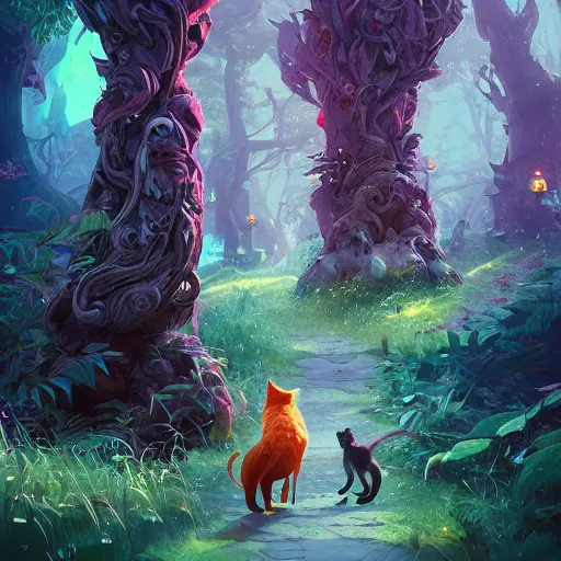 Prompt: cats walking through a magical forest, fantasy, intricate, elegant, highly detailed, digital painting artstation, blender, unreal engine 5, octane render, smooth, sharp focus, illustration, by Anton Fadeev and Philipp A. Urlich and Pengzhen Zhang and Andreas Rocha