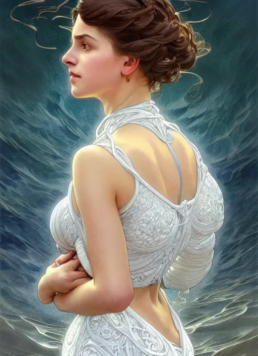 Image similar to full body painting of a woman posing, short wavy hair, round face, intricate white dress, cottagecore!!, inside water, intricate, enlightened, highly detailed, digital painting, artstation, concept art, smooth, sharp focus, illustration, art by artgerm and greg rutkowski and alphonse mucha