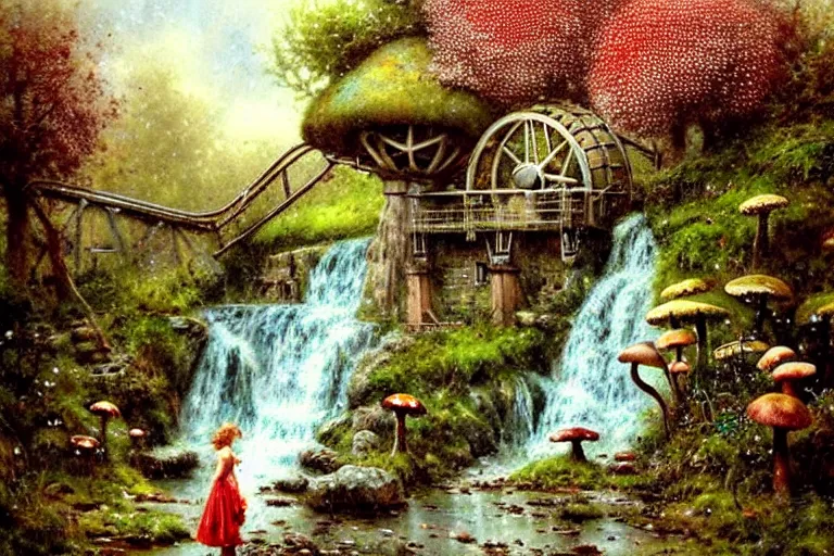 Image similar to adventurer ( ( ( ( ( 1 9 5 0 s retro future waterwheel and mill in forrest of giant mushrooms, moss and flowers stone bridge waterfall. muted colors. ) ) ) ) ) by jean baptiste monge!!!!!!!!!!!!!!!!!!!!!!!!! chrome red