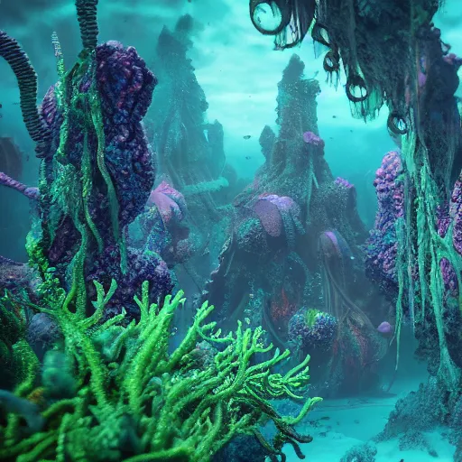 Prompt: a very beautiful lovecraftian ruined world underwater with ultra realist waves curiosities carnival, symmetry accurate features, focus, very intricate ultrafine details, green purple aqua volumetric lights, award winning masterpiece, octane render 8 k hd