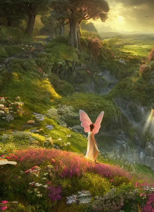 Image similar to an elegant winged fairy in the lord of the rings scenery landscape, looking out at a vast lush valley flowers and homes made of mushrooms, stream, sunrise, god's rays highly detailed, vivid color, cinematic lighting, perfect composition, 8 k, gustave dore, derek zabrocki, greg rutkowski, belsinski, octane render