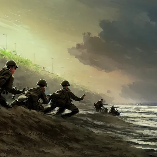 Image similar to soldiers storming the beaches of normandy on d - day, highly detailed, digital painting, concept art, sharp focus, by makoto shinkai