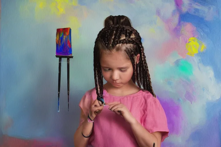 Prompt: a cute little girl with braided hair learns to paint, on an empty canvas in her art room, paintbrush and palettes, junior artist, dark room with candles and lava lamps, photorealism, digital photography, trending on artstation, volumetric lighting