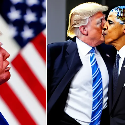 Image similar to donald trump and barrack obama kissing, 4k, photo, realistic,