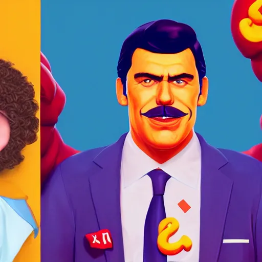 Image similar to Portrait of Pedro Sanchez, prime minister of Spain, as Ronald McDonald, mattepainting concept Blizzard pixar maya engine on stylized background splash comics global illumination lighting artstation lois van baarle, ilya kuvshinov, rossdraws