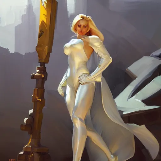 Image similar to Greg Manchess portrait painting of Emma Frost as Overwatch character, medium shot, asymmetrical, profile picture, Organic Painting, sunny day, Matte Painting, bold shapes, hard edges, street art, trending on artstation, by Huang Guangjian and Gil Elvgren and Sachin Teng