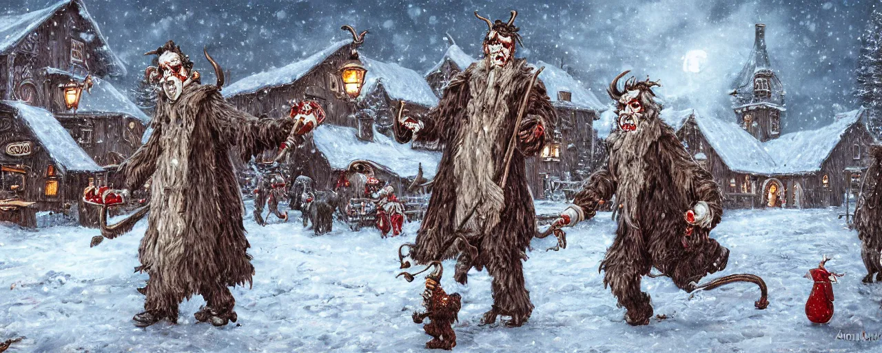 Prompt: Victorian Krampus in a snowy christmas village by antoni piotrowski