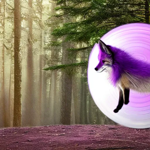 Image similar to a purple fox with a long fluffy and shiny coat sits in the forest on a ufo flying saucer. super realistic photo. clear details