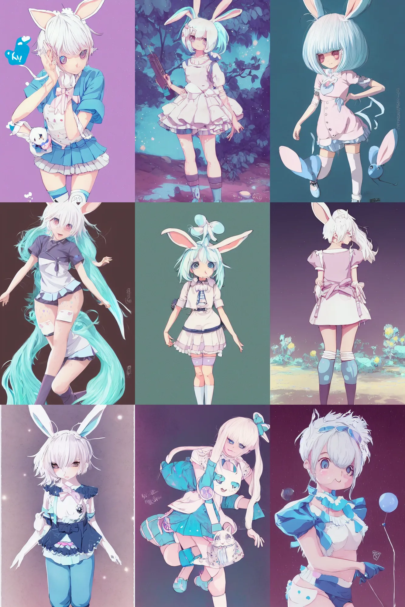 Prompt: a cute teenage girl with white hair and blue eye and wearing a bunny outfit, cute, pastel palette, inked manga by Krenz Cushart, Ian McQue, Ilya Kuvshinov, and CloverWorks