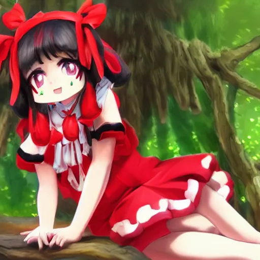 Image similar to a artstation of reimu in the jungle wearing bonnet