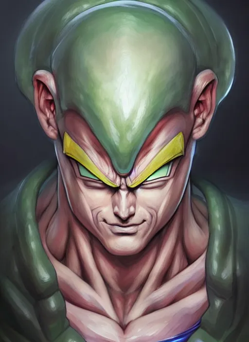 Prompt: Portrait of Cell (from dragon ball), D&D, muscular, fantasy, intricate, elegant, highly detailed, digital painting, artstation, concept art, smooth, sharp focus, illustration, art by artgerm and greg rutkowski and alphonse mucha