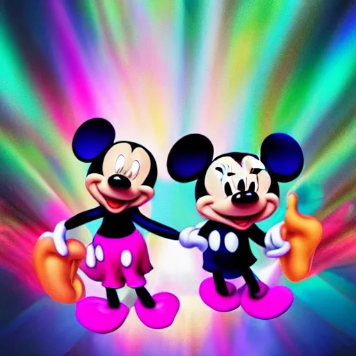Image similar to ! dream minnie and mickey mouse doing lsd at a rave highly detailed digital photograph cinematic lighting