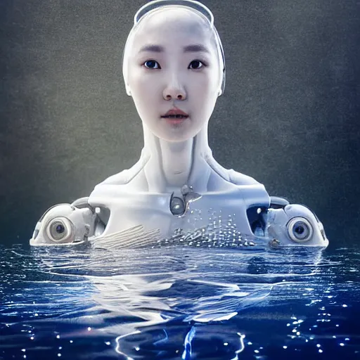 Image similar to beautiful centered Fine art photo portrait of HoYeon Jung as a solarpunk robotic humanoid treading on water, white mechanical parts with led lights, photorealistic, white background, highly detailed and intricate, sun lighting, HDR 8k