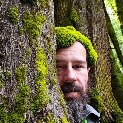 Image similar to portrait of a man with hat made of moss, 4k, 35 mm lens, high details, natural light, Forrest in background