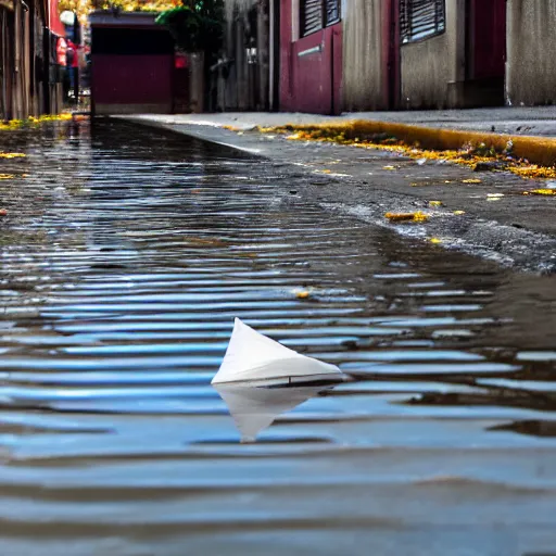 Prompt: long shot, of paper sailboat floating in a puddle near the sewer drain, 4k, HD Photography