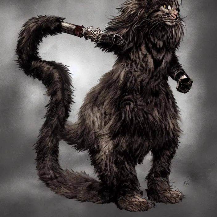 Prompt: Khajit Tabaxi Catfolk Humanoid with Maine Coon features and black fur holding two shortswords cloaked in shadow and wearing leather armor, Dungeons and Dragons, pure white background, Fantasy, Tarot card style, Half Body Portrait, High detail, hyper realistic