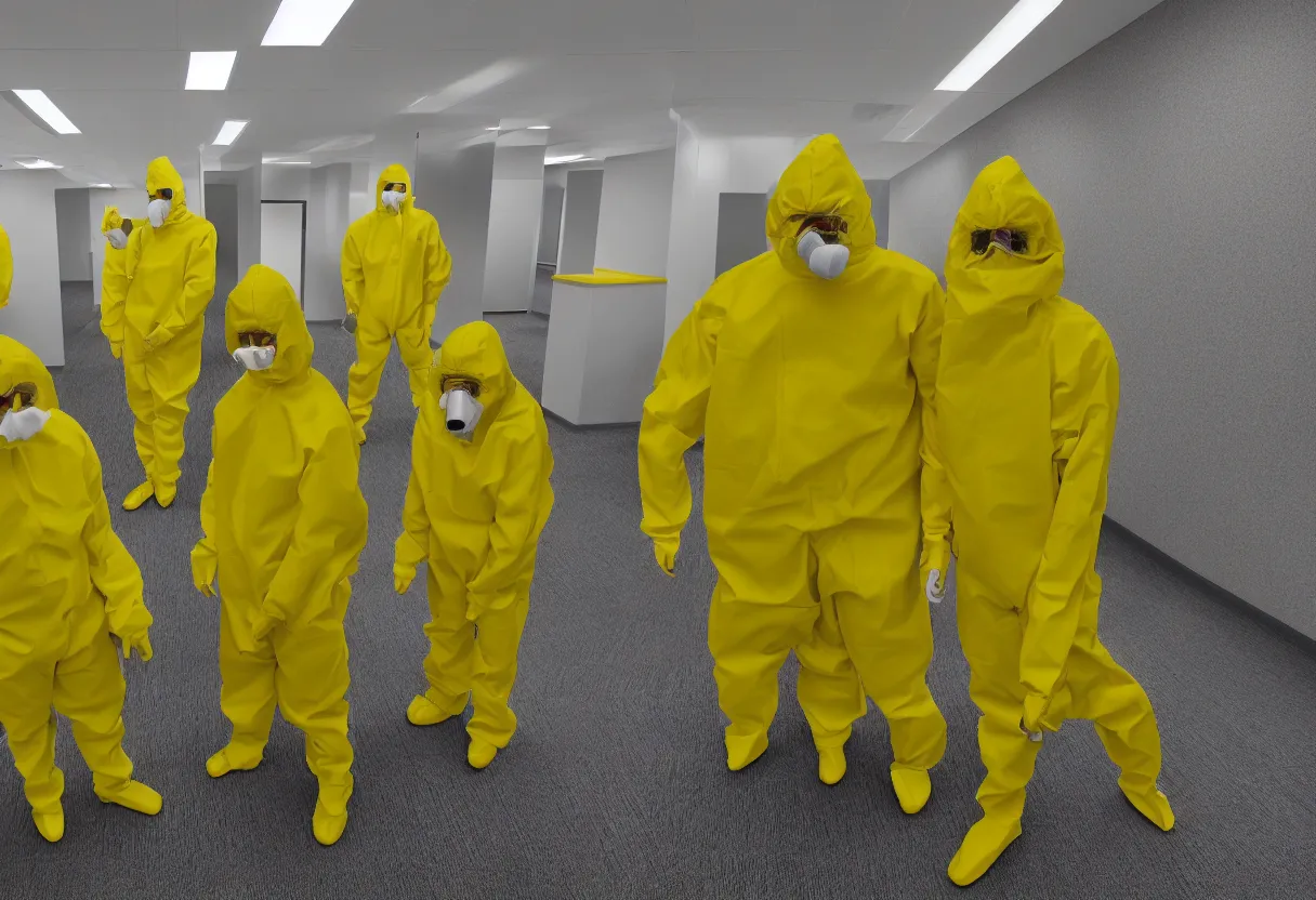 Prompt: 3 people in yellow hazmat suits in an endless maze of randomly generated office rooms and other environments. It is characterized by the smell of moist carpet, walls with a monochromatic tone of yellow, and buzzing fluorescent lights. 4k, hd, photorealistic