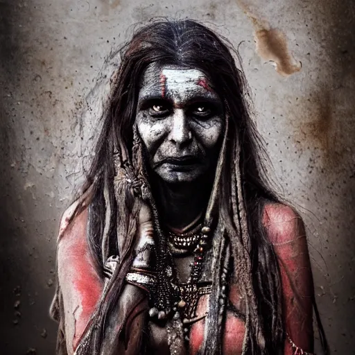 Image similar to 3 5 mm coloured film portrait of strange female aghori sadhu covered in ash creature, hyperrealism, photorealistic, detailed, atmospheric, 8 k, award winning photography, cinematic