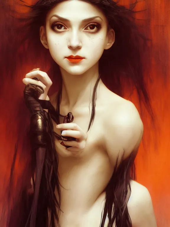 Image similar to Full shot of a mischievous young witch about to get up to some trouble. Latin American fashion. Black and Orange palette. Latina girl. brown skin. Symmetrical facial features. By Ruan Jia and Artgerm and Range Murata and WLOP and Ross Tran and William-Adolphe Bouguereau. Key Art. Fantasy Illustration. award winning, Artstation, intricate details, realistic, Hyperdetailed, 8k resolution.