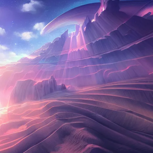 Prompt: vastly expanding lush otherwordly infnites of beautiful surreal scenery artwork pixiv. gigantic architectural modern design node network of cloud computing soul dust. unthinkable dream cloud computer infinites. sublime god lighting, sun rays, cold colors. insanely detailed, artstation!! pixiv!! infinitely detailed