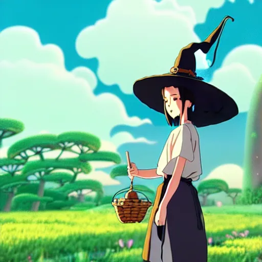 Image similar to A young adult witch with a cottage-core aesthetic, Studio Ghibli, character design, fantasy, 8k resolution