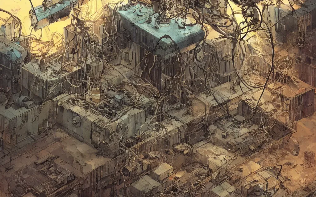 Image similar to 3 bunker under the ground, with vestiges of rusty machinery, little light, many wires on the floor, sparks of electricity, lugubrious , illustrated by Patrick Gleason, Clayton Henry, Esteban Jorge Segovia, Abigail Larson, InHyuk Lee, Roberto Poggi detailed art, artstation, comic art