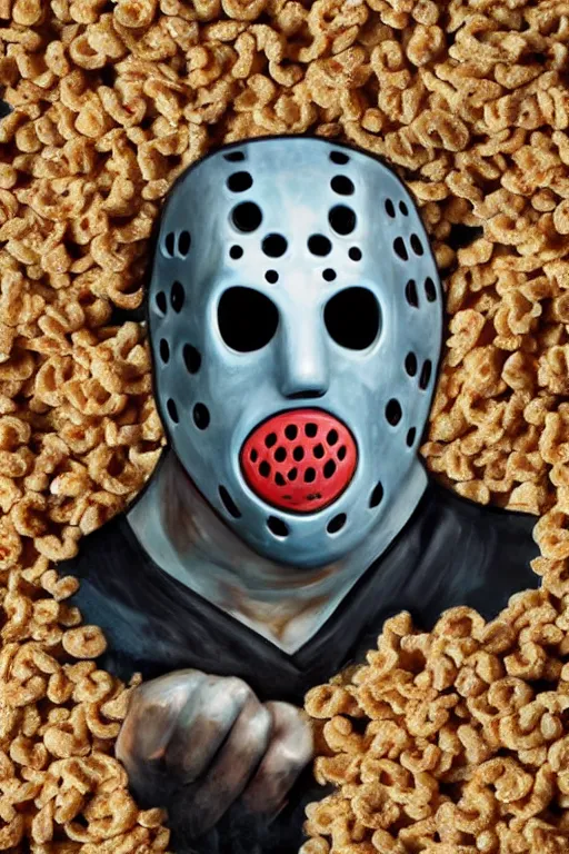 Prompt: jason voorhees swimming in a pool of cereal, realistic, moody grindhouse, dark