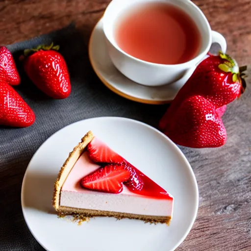 Image similar to realistic photo of a strawberry cheesecake, delicious, studio lighting, cinnamon and tea beside, realistic, food