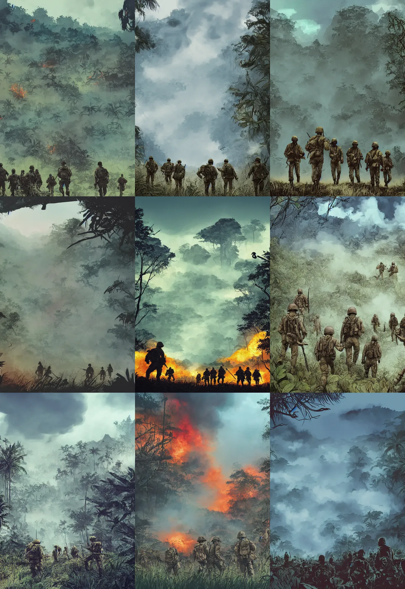 Image similar to handmade illustration of an epic Vietnam war scene with a few american soldiers walking, the jungle at the background, some smoke and fire, blue sky with dramatic clouds, line art, ink, watercolor by Kilian Eng and by Jake Parker, heavy brushstrokes, winning-award masterpiece, fantastic, octane render, 8K HD Resolution, High quality image