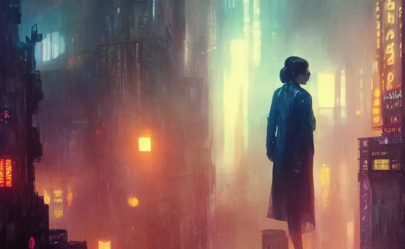 Image similar to 2 0 1 8 blade runner movie still girl look at the cityscape from roof perfect face fine realistic face pretty face neon puffy jacket blue futuristic sci - fi elegant by denis villeneuve tom anders zorn hans dragan bibin thoma greg rutkowski ismail inceoglu illustrated sand storm alphonse mucha