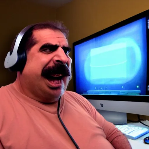 Prompt: obese Frank Zappa wearing a headset yelling at his monitor while playing WoW highly detailed wide angle lens 10:9 aspect ration award winning photography