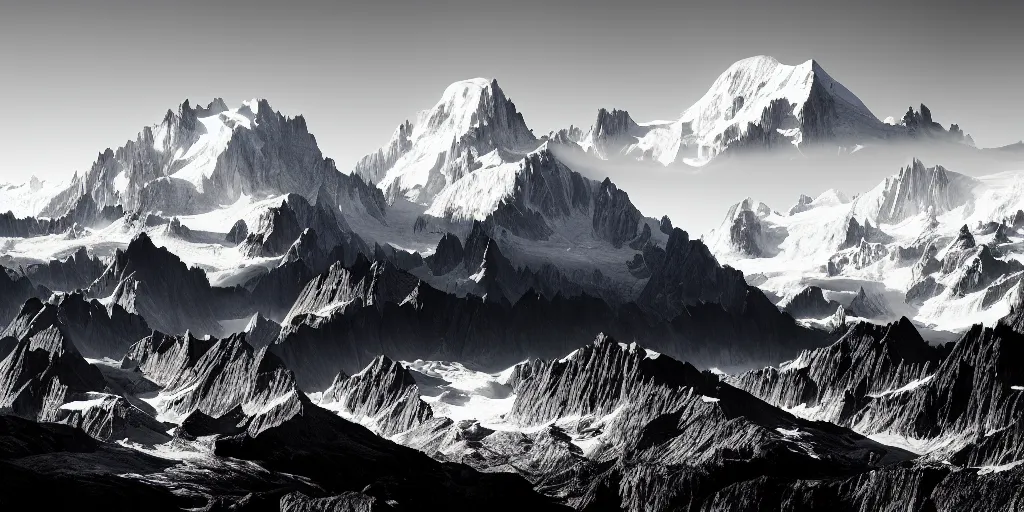 Prompt: award winning landscape photography of mont blanc by ansel adams and jack brauer, nikon, wide angle, high contrast, cinematic, black and white, layers, dramatic, beautiful light, fine detail
