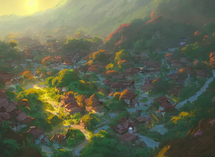 Image similar to concept art painting of a small woodland village in a valley seen from above, european japanese buildings, early morning, cel shaded, detailed, realistic, by makoto shinkai and moebius and anton fadeev and james gurney