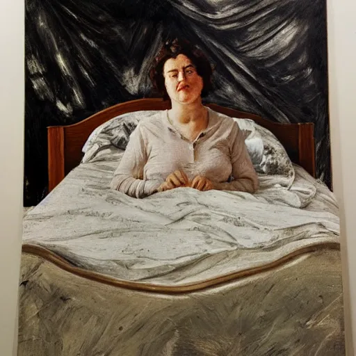 Prompt: painting of ema stone on a victorian bed in a big old room, wide shot by lucian freud