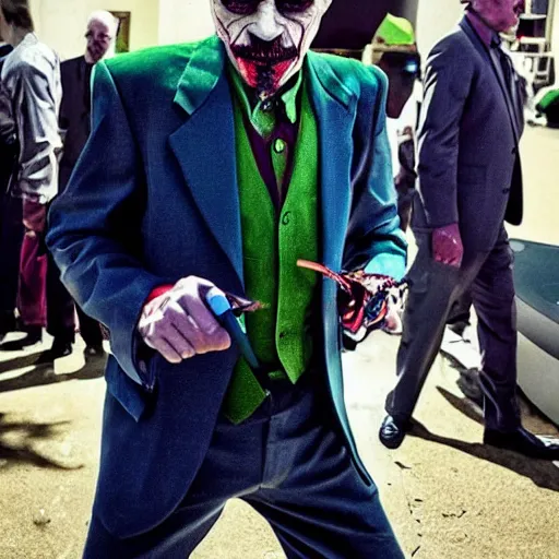 Prompt: walter white wearing the joker suit