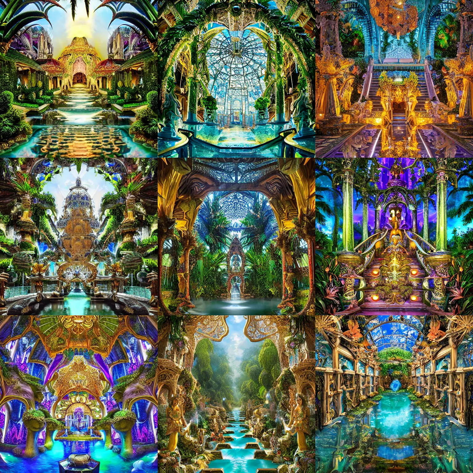 Prompt: Fantasy photography of a vast complex of crystal temples of divine mirrors in a tropical scene + walkways, canals, stairs, fountains and arches, lush vegetation crowds of angels + center frame, intricate details, ultra-detailed, hyperrealistic, ornate, luxurious, colossal, filigree, multi-leveled + by Asher Brown Durand and Eddie mendoza, Miyazaki, Nausicaa Ghibli, Breath of The Wild + futuristic but classical architecture by Leon Tukker and Zaha Hadid + Maya render, raytracing, awe-inspiring, sharp detailed focus, incredible post-processing lighting