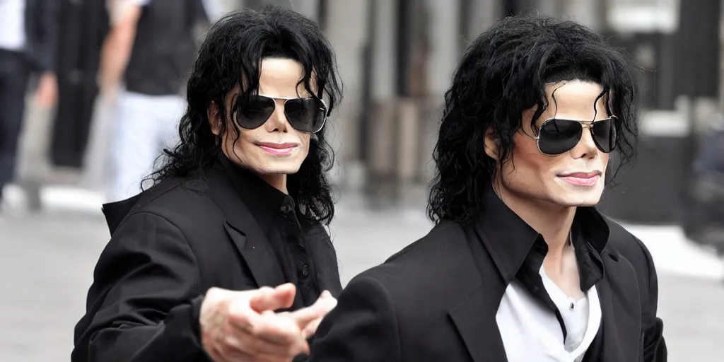 Prompt: michael jackson 2 0 0 9 wearing shades, alone, this is it style, photo real, pores, motion blur, spotted with body guards in london, by himself, real life, spotted, ultra realistic face, accurate, 4 k, movie still, uhd, sharp, detailed, cinematic, render, modern