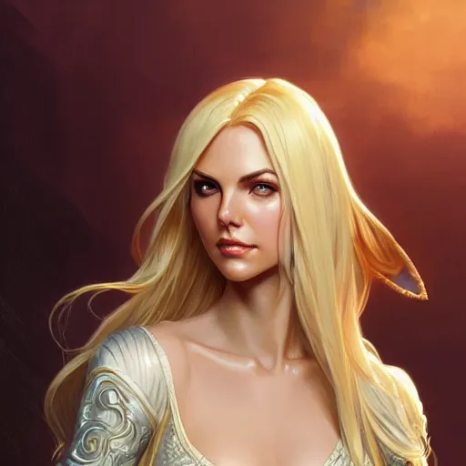 Image similar to Blonde Victoria Justice with hazel eyes as Emma Frost, western, D&D, fantasy, intricate, elegant, highly detailed, digital painting, artstation, concept art, matte, sharp focus, illustration, art by Artgerm and Greg Rutkowski and Alphonse Mucha