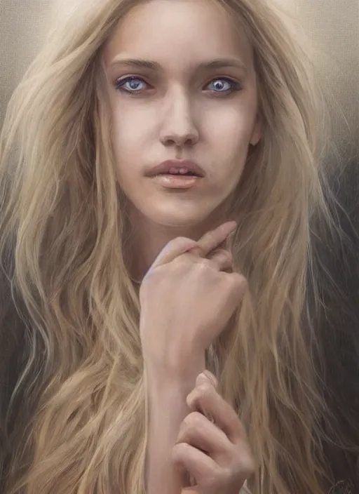 Image similar to a painting of a woman with long blonde hair, a photorealistic painting by magali villeneuve, featured on cgsociety, fantasy art, detailed painting, photorealistic