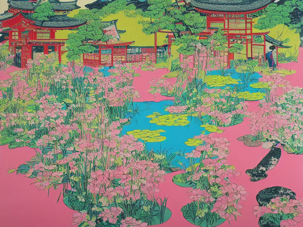 Prompt: image of a traditional japanese house with a garden, a pond in the garden, pink children are sitting around it, a combination of pop art and traditional japanese painting styles, the style of andy warhol, roy lichtenstein and jackie tsai, bright palette, acrylic on canvas