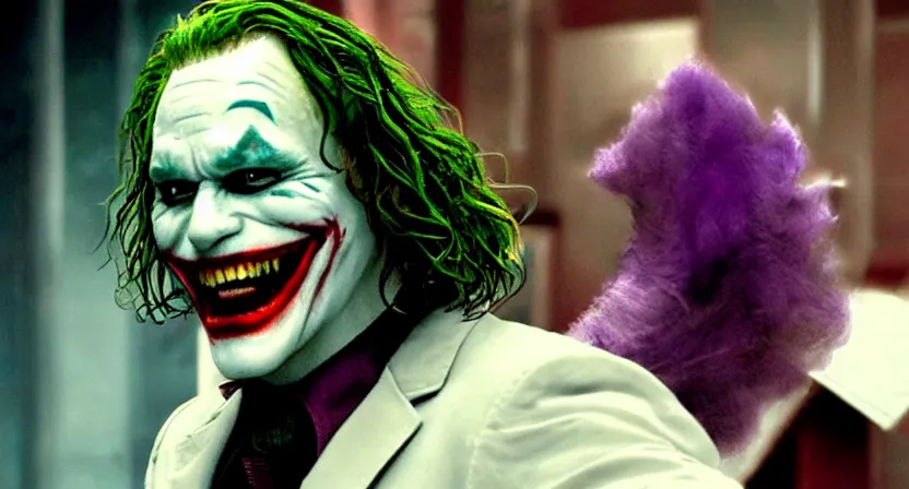 Image similar to heath ledger joker pixar villain 3 d movie screenshot