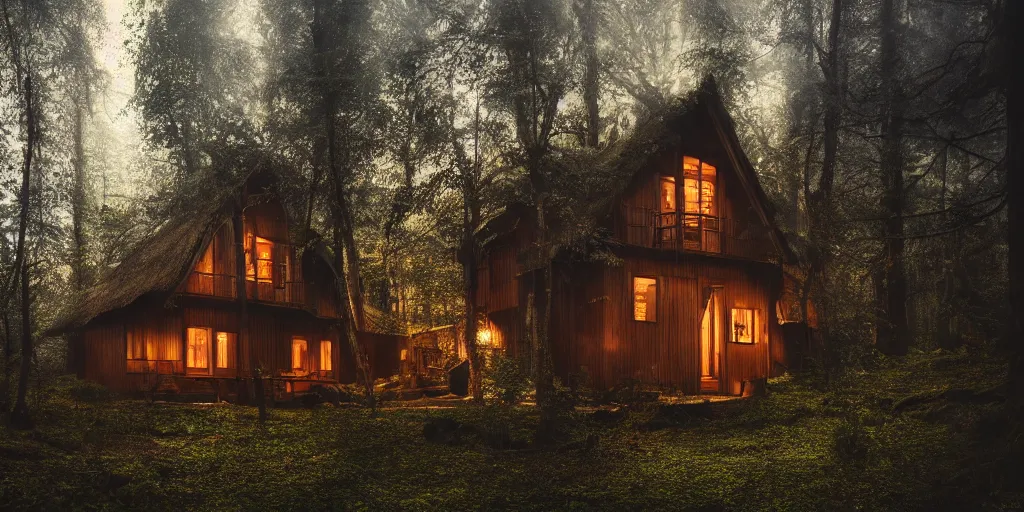 Image similar to an exquisite wooden house in a lush forest, architectural photography, dark and dim lighting, beautiful, tranquil, moody, cinematic, fantasy, 3 5 mm lens, volumetric lighting, first person view, photographic render, hyper realistic