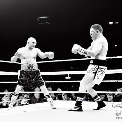 Prompt: photo of two clowns boxing in the ring, circus clowns, clowns, a clown throwing a punch, hbo showtime boxing, sports photography