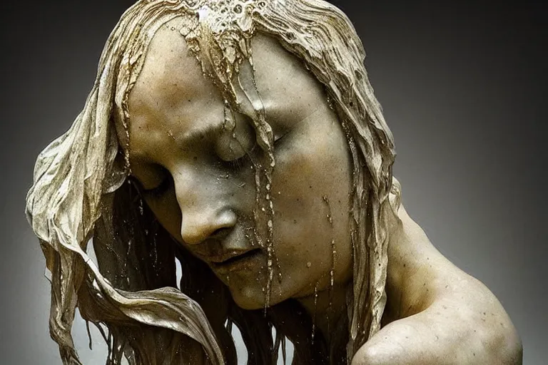 Image similar to a sculpture of a person with flowing golden tears, a marble sculpture by nicola samori and beksinski, behance, neo - expressionism, marble sculpture, apocalypse art, made of mist