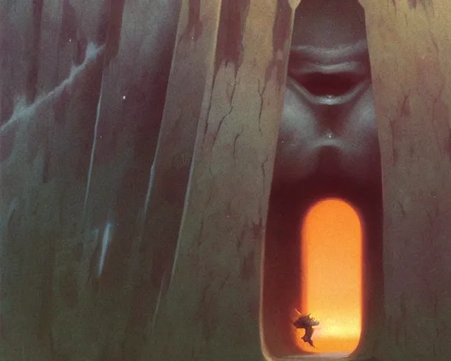 Prompt: horned giant next to open portal to. grand. narita boy game. art by ralph mcquarrie and beksinski r / characterart