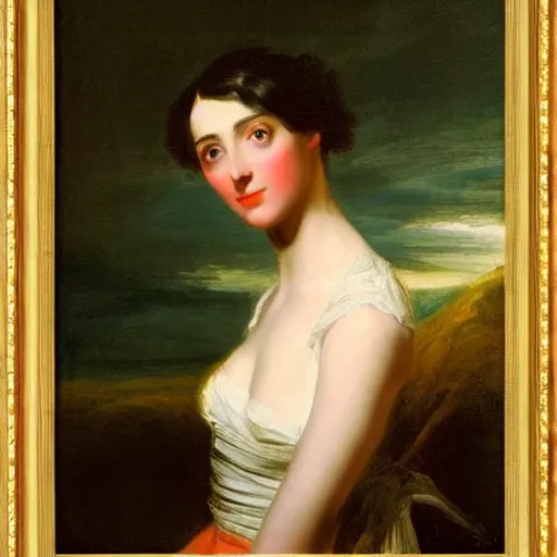 Prompt: Romanticism painting of a woman with short hair painted in 1825 by Sir Thomas Lawrence