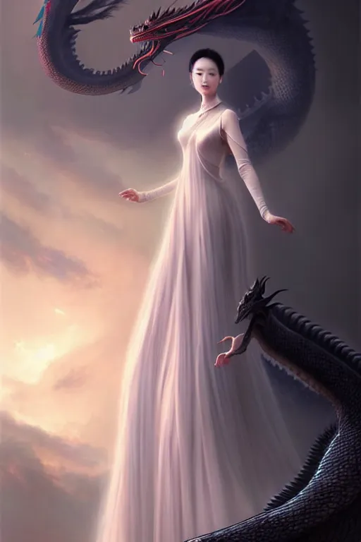 Image similar to chinese princess in a long silk dress, pale, beautiful symmetric face, kissing a black giant dragon, fantasy art, highly detailed art, cinematic atmosphere, volumetric lighting, glow, trending on artstation, by wlop, by le vuong, by tom bagshaw