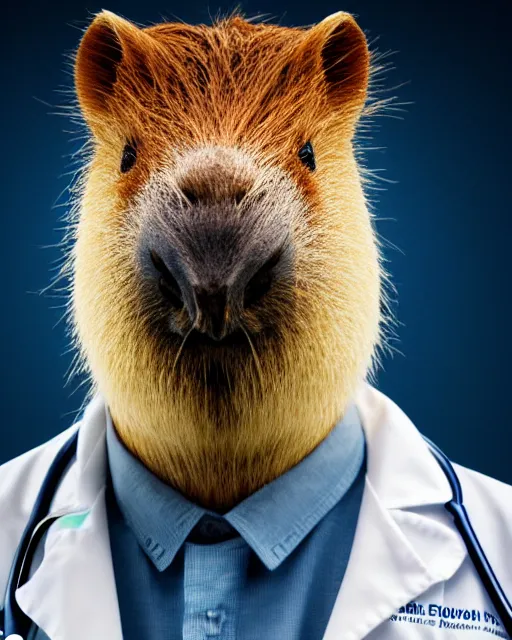 Prompt: a portrait photo of a doctor who is also a capybara, 4 k, high quality, award winning photo